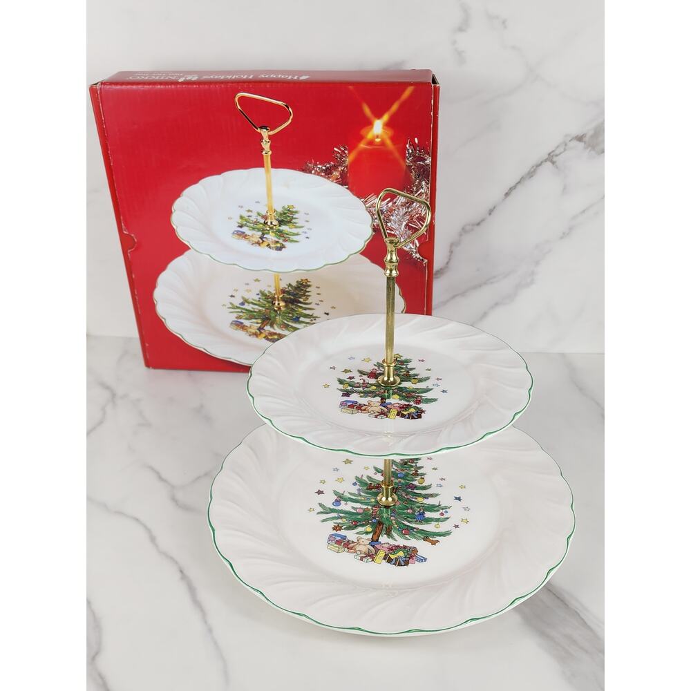 Nikko Happy Holidays Two Tier Serving Tray Christmas Green Trim Japan w/ Box